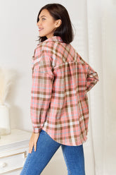 Double Take Plaid Collared Neck Long Sleeve Button-Up Shirt OutfitFlow